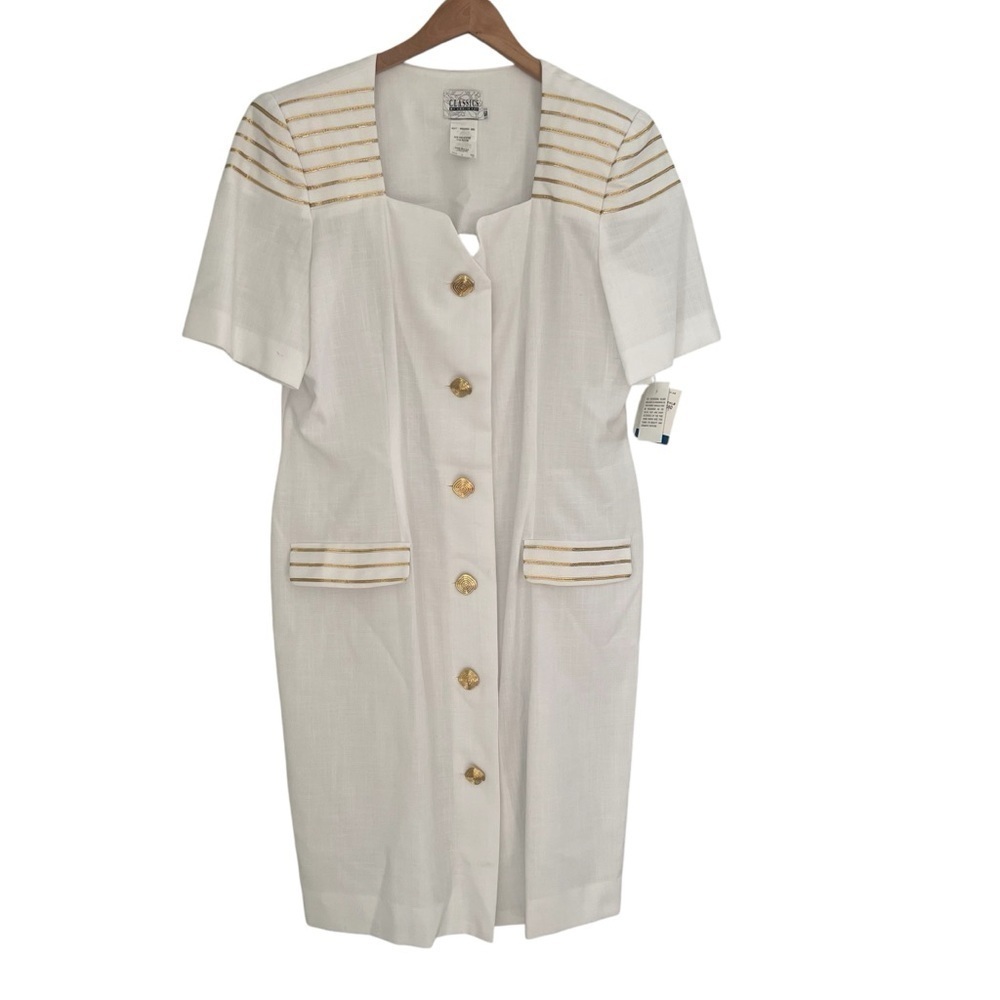 Classics By Leslie Fay Sz 16 White Gold Midi Dress Nautical Coastal Vintage NWT